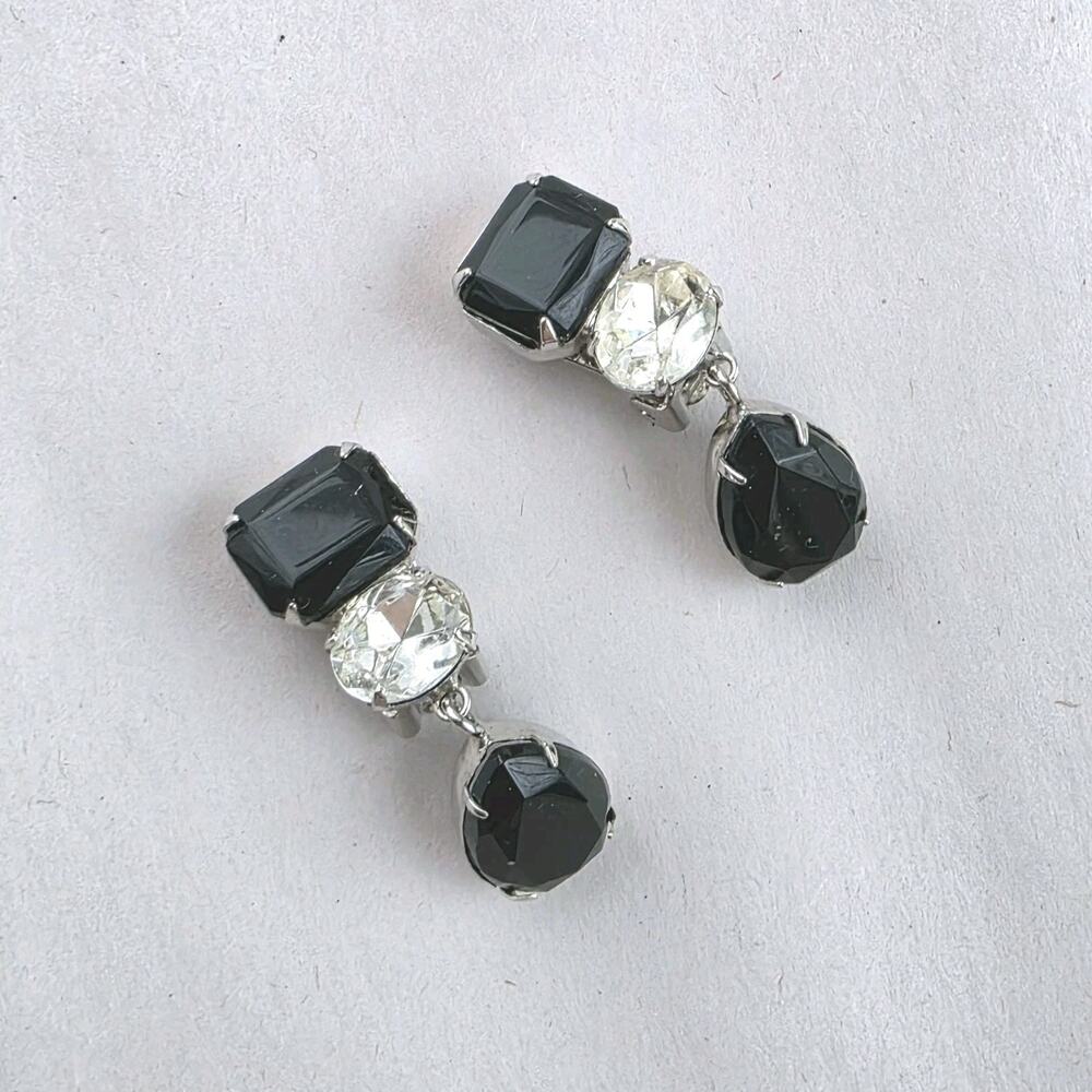 Graziano Clip On Earrings Silver Black Crystal‎ Signed Glam